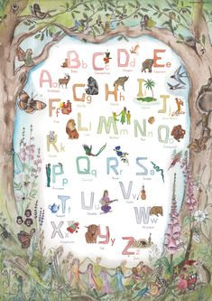 an illustrated poster with animals and letters in the shape of a tree, surrounded by flowers