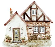 a watercolor painting of a house with two windows and a door in the front