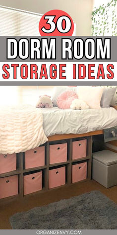 College dorm room with storage bins beneath the bed Under The Bed Storage Ideas Dorm, Raised Dorm Bed Ideas, Dorm Room Storage Under Bed, Dorm Room Snacks Storage, 3 Person Dorm Room Layout, Dorm Underbed Storage Ideas, Dorm Closet Organization Ideas, Ikea Dorm Room Ideas, Dorm Underbed Storage