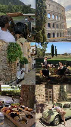 the collage shows people sitting at tables and eating outside in front of an old building