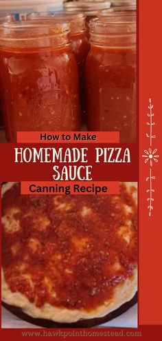 homemade pizza sauce in canning jars with text overlay