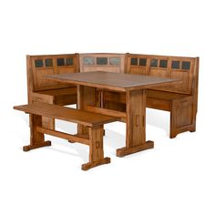 a wooden table and bench with four seats