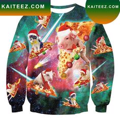 Pig Cat Pizza Ugly Christmas Sweater Christmas Pizza, Christmas Graphic Design, Kids Fleece, Christmas Graphics, Ugly Sweater Party, Funny Sweatshirts