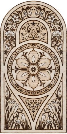 an intricately designed wooden panel with flowers and leaves in the center, on a white background