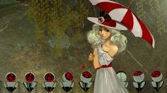 a digital painting of a woman holding an umbrella in front of many red and white circles