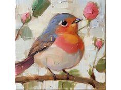 a painting of a bird sitting on a branch