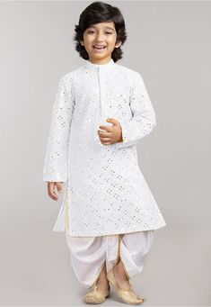 Readymade Faux Georgette Kurta in Off White This Chinese Collar and Full Sleeves attire is Enhanced with Resham, Mirror and Patch Border Work Available with a Poly Cotton Dhoti Pant in Off White Do note: Footwear shown in the image is for presentation purposes only. Half to one inch may vary in measurement. (Slight variation in actual color vs. image is possible) White Indian Outfit, Kids Kurta Pajama, Kids Kurta, Red Kurta, Boys Kurta, Indian Salwar Kameez, White Kurta, Indian Saree Blouse, Designer Salwar Suits