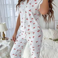 New 2 Piece Set Lace Shirts Short Sleeve V-Neck Top Summer Nightclothes Cherry Print Women Elegant Bridal Pajamas, Sleep Dress, Cherry Print, Button Top, Floral Short, Pajama Set Women, Ankle Length Pants, Girl Body, Short Pajama Set