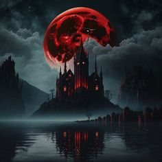 an image of a red moon over a castle in the night sky with water and clouds