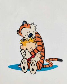 a drawing of a tiger hugging a little boy on the ground with his eyes closed