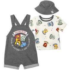 two children's clothing items, one is grey and the other is white with cartoon characters on it