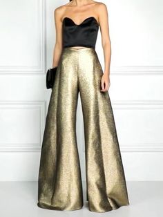 Elegantly Loose High-Waisted Solid Trousers Gold Night Dress, Color Pants, Solid Color Pants, Leisure Fashion, Mode Inspo, Fashion Seasons, Mode Inspiration, Pants Trousers, Indian Outfits