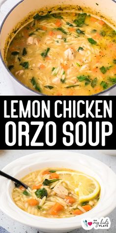 lemon chicken orzo soup in a white bowl