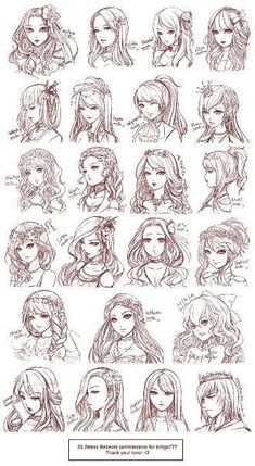 some drawings of girls with long hair and different facial expressions, all drawn by hand