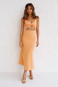 Two Piece Cocktail Outfit, Linen Formal Dress, Honeymoon Dresses, Summer Date Night Dress, Kendall Dress, Tangerine Dress, Date Night Dress, Honeymoon Outfits, Guest Attire