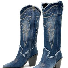 Embroidered Denim Hi-Heel Chunky Heel Western Boots Side Zipper Upper Material: Denim Lining Material: Canvas Pu Leather Insole Material: Pu Leather Outsole Material: Tpr Western Style Blue Denim Jeans, Blue Western Style Denim Jeans, Fall Medium Wash Denim Boots, Jeffery Campbell Boots, Camel Boots, Ellie Shoes, Tall Brown Boots, Leather Heeled Boots, Block Heel Ankle Boots