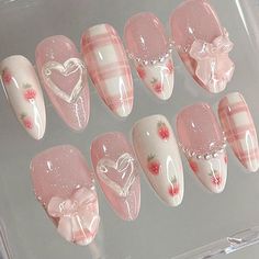 Pink Press On Nails, Bow Nail Art, Strawberry Design, Cute Simple Nails, Heart Nail, Heart Nail Art, Korean Nails, Girly Acrylic Nails