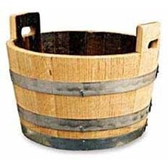 a wooden barrel with metal straps on the bottom and two handles, sitting in front of a white background