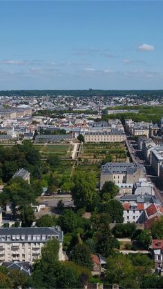 an aerial view of a city with lots of buildings and trees in the foreground