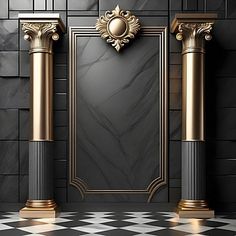 an empty room with two columns and a mirror on the wall, in front of a checkered floor