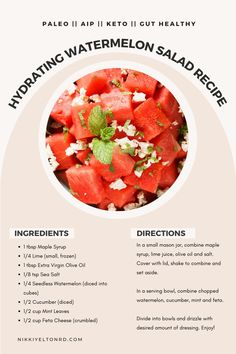 the ingredients for watermelon salad are shown in this recipe card, which is also included