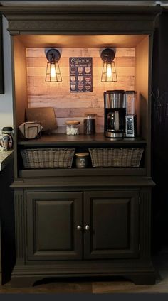 a coffee bar with baskets under the counter and lights above it, along with other items