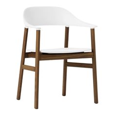 a white chair with wooden legs and seat pad on the back side, against a white background