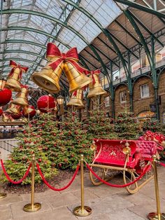 red and gold christmas decorations in a building