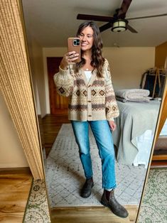 fair isle cardigan outfit ideas, brown tan yellow cream cardigan style, cozy fall outfit inspiration, fair isle sweater street style, casual jeans and boots outfit, Blundstone boots fall fashion, rustic autumn outfit ideas, layered fall looks with gold jewelry, cozy cardigan and denim outfit, casual chic fall style, fair isle sweater Pinterest inspo, outdoor fall outfit with boots, warm toned cardigan fashion, rustic sweater and jeans look, autumn gold jewelry outfit styling Birkenstock Clog Outfit, Birkenstock Boston Outfit, Blundstone Style, Clog Outfit, Boston Outfits, Blundstone Boots, Rustic Autumn, Cardigan Outfit, Outfit Styling