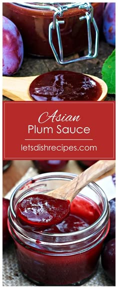 plum sauce in a glass jar with a wooden spoon next to it and the recipe below