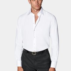 A classic all-occasion pick, this handsome white button-up is cut from crease-resistant Traveller two-ply cotton. Tailored to a slim fit, it features a classic collar and single cuff. Tailored White Cotton Dress Shirt, Timeless Business Casual Shirt With Fold Down Collar, Modern White Dress Shirt For Semi-formal Occasions, Classic Spread Collar Shirt For Office, Classic Cotton Dress Shirt For Business, White Business Casual Shirt With Lapel Collar, Classic Shirt With Spread Collar For Office, White Lapel Collar Shirt For Business Casual, Classic Collared Shirt For Business Casual