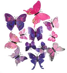 a group of purple and pink butterflies on a white background