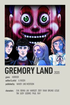 a poster for the movie gremory land with four people standing next to each other