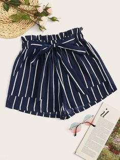 Striped Self-Tie Paperbag Shorts | SHEIN USA Paperbag Shorts, Drawstring Waist Shorts, Festival Shorts, Plus Size Shorts, Striped Tie, Type Of Pants, Bottom Clothes, Striped Shorts, Christmas List