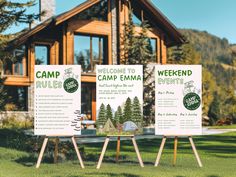 two signs in front of a wooden cabin with trees on the side and welcome to camp emma written on them