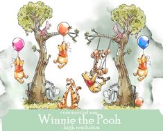 the winnie the pooh cartoon is hanging on balloons and swinging from two tree branches