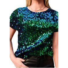 Elevate your style with the Anna-Kaci Glitter Sequin Tops, a dazzling blend of glamour and comfort. Crafted from lightweight 100% polyester fabric with a hint of stretch, this short-sleeve sparkly binding shirt blouse features an all-over sequin design and a soft full lining for lasting comfort. The durably stitched sequins ensure longevity, making it an ideal choice for various occasions. Stand out from the crowd with this glittering tunic top, perfect for parties, concerts, or any dressy event Trendy Shiny Top For Party Season, Trendy Shiny Tops For Party Season, Trendy Shiny Summer Tops, Glamorous Shiny Tops For Spring, Spring Shiny Stretch Tops, Glitter Blouse For Night Out Party Season, Festive Glitter Tops For Party Season, Shiny Tops For Party Season, Metallic Sequined Tops For Summer