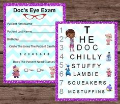 the doc's eye exam is displayed on a wooden table with purple and white chevron