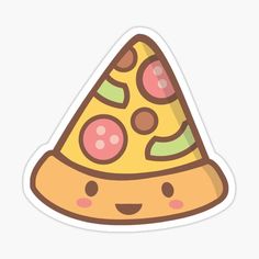 a cartoon pizza slice sticker that is yellow and has pink dots on the top