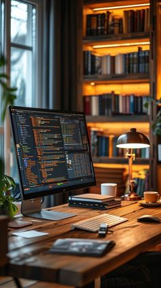 Cozy software developer workspace with computer monitor displaying code, books on shelf, and cup of coffee. Ideal setting for productive coding sessions. Developer Workspace, Programmers Desk, Zen Home Office, Organized Desk, Modern Home Offices, Iphone Dynamic Wallpaper, Computer Desk Setup, Home Studio Setup, Desktop Setup