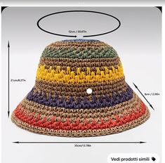 a crocheted multicolored bucket hat is shown with measurements for the size