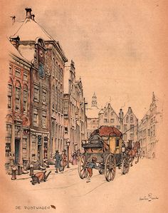 an old drawing of people riding in a horse drawn carriage down the middle of a city street