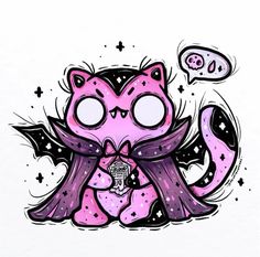 a drawing of a pink cat wearing a purple scarf with skulls and stars around it