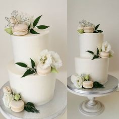 two different views of a wedding cake with flowers and macaroons on the side