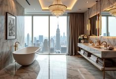 a bathroom with a large bathtub and two sinks in front of a huge window