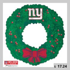 new york giants wreath ornament with red bows and holly berries on white background