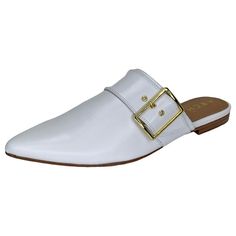 - Genuine Leather Upper, Lining, Insoles & Soles - Padded Insoles - Rubber Heels - Medium Width - Slip On Closure - Gold Tone Buckle Accents - Dust Bag Included - 3/4” Heel Height - 3/8” Toe Height - New In Box Classic White Mules With Removable Insole, White Mules With Buckle Closure For Formal Occasions, Classic White Slip-on Mules, White Low Heel Mules With Leather Sole, Classic White Pointed Toe Flats, White Leather Mules With Low Heel, White Flat Mules With Leather Sole, White Leather Sole Mules For Formal Occasions, White Formal Flats With Removable Insole