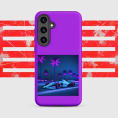 a purple phone case with an image of a race car on the front and palm trees behind it