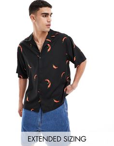 Shirts by ASOS DESIGN Your cart called, it wants this Chilli print Camp collar Button placket Short sleeves Oversized, boxy fit Casual Collared Camp Shirt With Graphic Print, Casual Printed Camp Shirt For Streetwear, Printed Casual Camp Shirt For Streetwear, Casual Black Button-up Camp Shirt, Casual Patterned Shirt With Camp Collar, Casual Black Short Sleeve Shirt With Button Closure, Trendy Patterned Shirt With Relaxed Fit, Casual Patterned Top With Camp Collar, Black Printed Short Sleeve Shirt Relaxed Fit