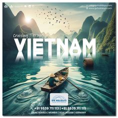 an advertisement for the vietnam tourism company, featuring a man in a boat on water